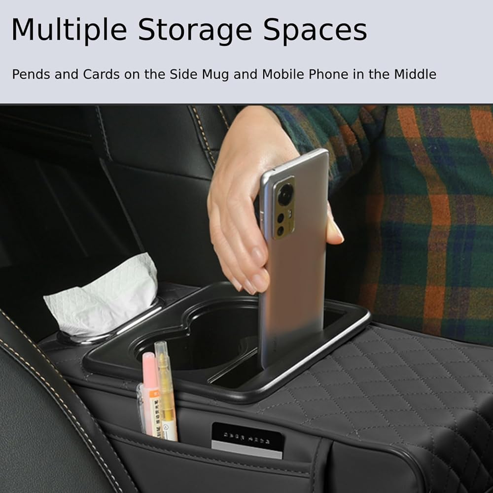 5-in-1 Car Armrest Cushion Cover – Center Console Cover with Cup Holder, Tissue Box Slot, Phone Slot